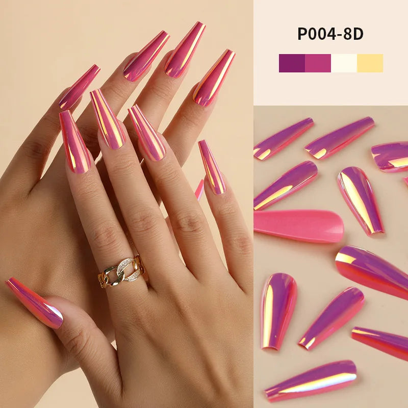 24PCS Mirror Effect Press On Fake Nails With Adhesive