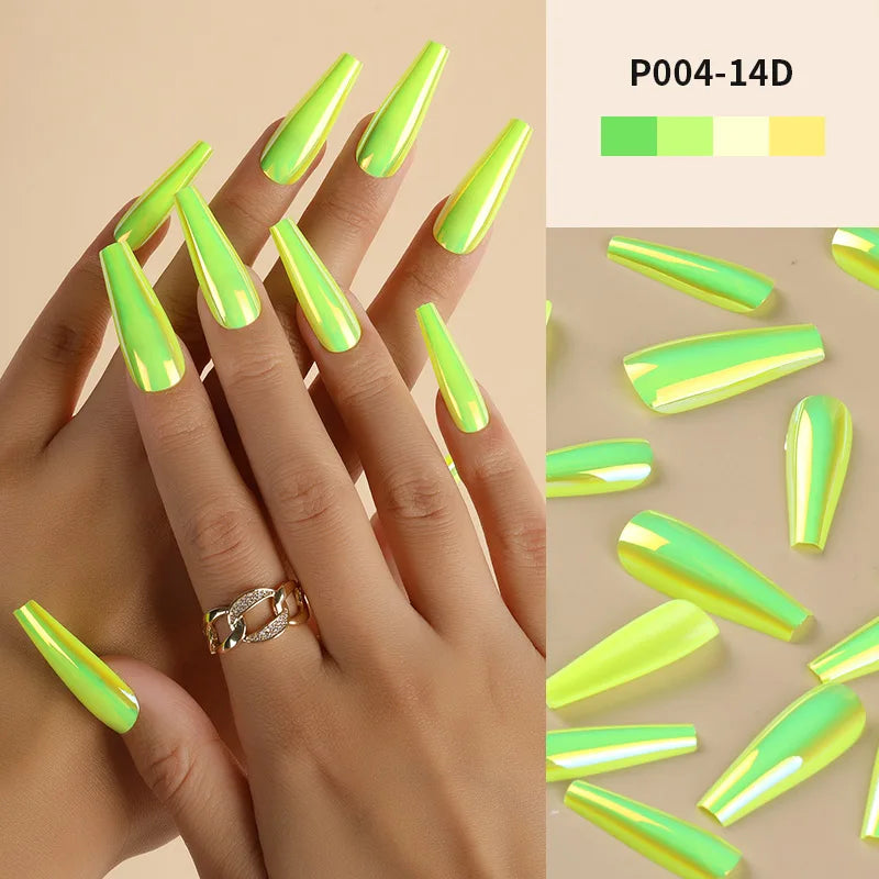 24PCS Mirror Effect Press On Fake Nails With Adhesive