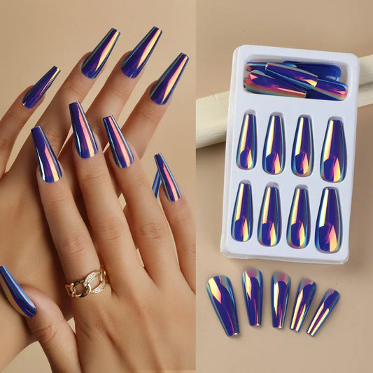 24PCS Mirror Effect Press On Fake Nails With Adhesive